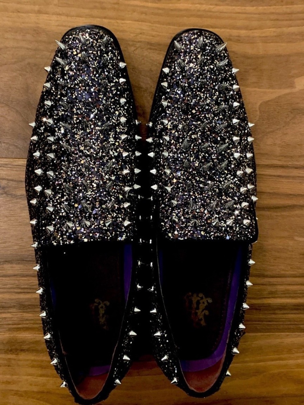 Men’s Black Glitter Spike Loafers Size 9 Studded Formal Party Shoes - Picture 2 of 4